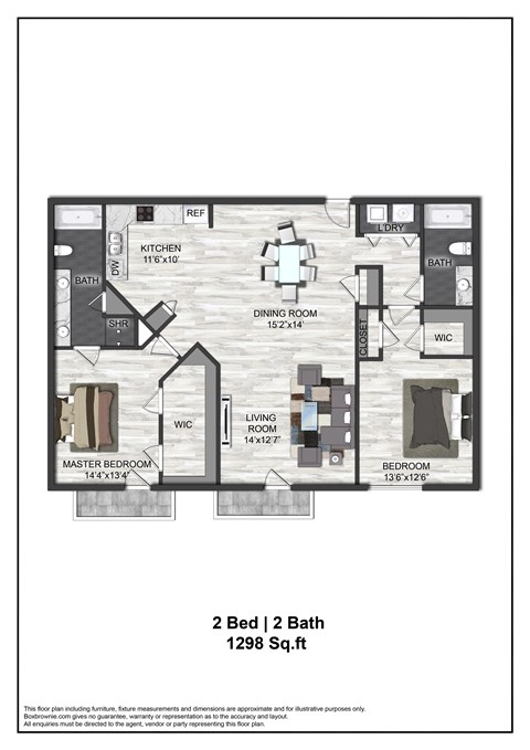 Floor plan for 2 beds, 2 baths, 1298 sqft